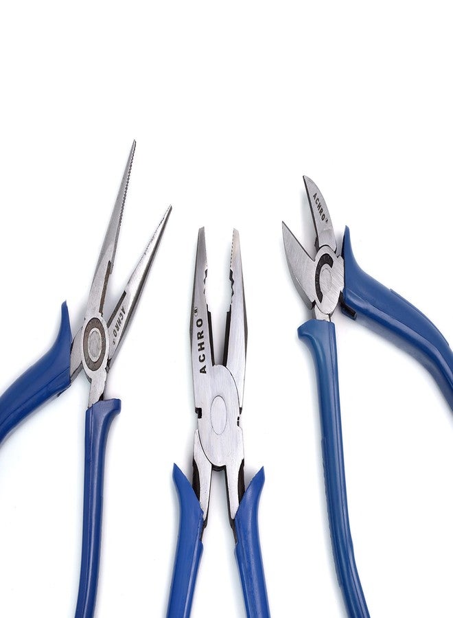 ACHRO Complete Plier Set, 8 Inch Combination Plier, 6 Inch Long Nose, 6 Inch Diagonal Cutting plier/Set of 3 Pieces/Cutting Player | Cutting plier | Combination Plier Tools (Blue) - Image 1